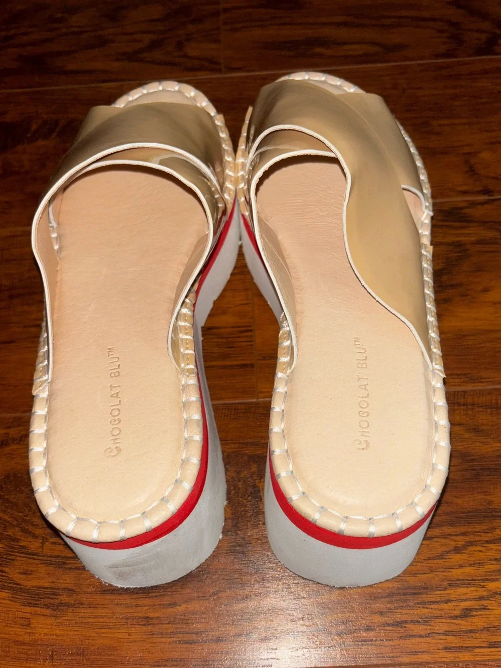 Chocolat Blu Lug Sole Platform Sandal Tan Beige + Red Stripe 3-inch Heel Wedges